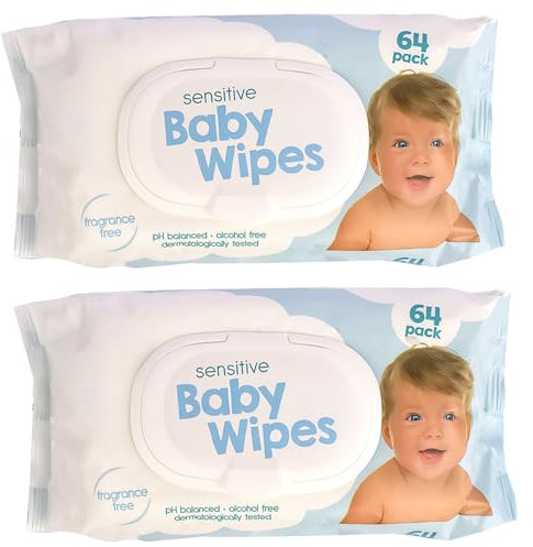Sensitive Baby Feuchttücher – parfümfrei, dermatologisch getestet, alkoholfrei, pH-ausgeglichen, weich und sanft (blau (parfümfrei), 128 Stück
