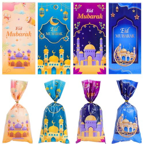 Eid Mubarak Geschenktüten, 4 Stile, Eid Mubarak, Geschenktüten, Süßigkeiten-Geschenktüten, muslimisches Schloss, Mond, Sterne, Lichter, Süßigkeiten, Kekse, Leckerli-Taschen für Zuhause, Festivals,