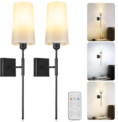 Battery Operated Wall Sconces Set of 2, Rechargeable Wall Lights with 4 Brightness and 3 Color Temperature Dimmable, Wall Lights with Remote and led Light Bulb for Bedroom Living Room Hallway(Black)