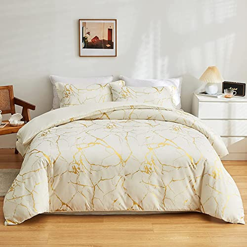 Freyamy Marmor Optik Bettwäsche 135x200cm 2teilig Beige Gold Marmor Glitzermuster Luxus Bettwaren-Sets Marmormuster Mikrofaser Bettbezug mit Reißverschluss und Kissenbezug 80x80cm
