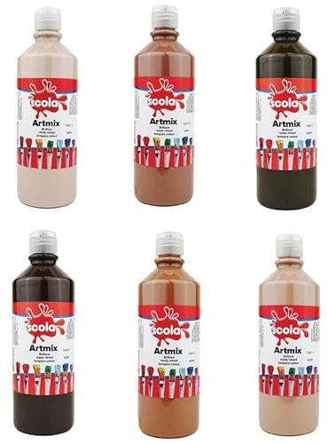scola Artmix Ready Mixed Water Based Tempera Paint, 6 Assorted Skin Tone Colours, 600ml Bottles, Safe Non-Toxic Poster Paints, Craft Projects, Sponge Painting, Finger Painting for Children