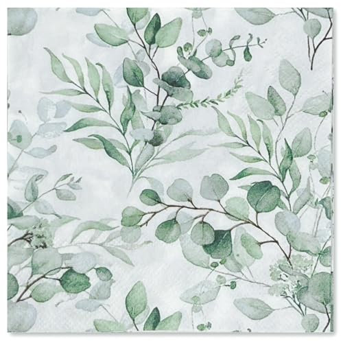 RUSPEPA 25Pcs Eucalyptus Paper Cocktail Napkins -Green Leaves Paper Napkins for Bridal and Baby Shower, Tea Party, Garden Party, Birthday Party- (12.7x12.7cm) 5 x 5 in
