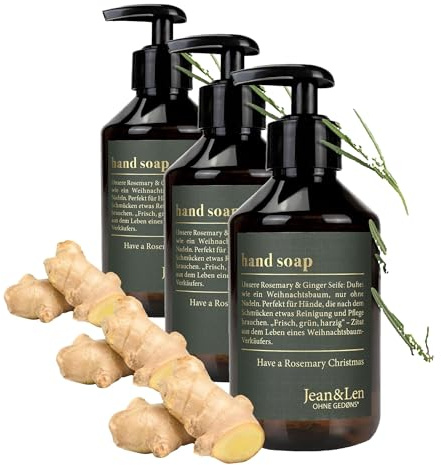 Jean & Len Handseife Rosemary & Ginger, in der Christmas Edition, reinigt beanspruchte Hände, ideal als Geschenk geeignet, Flüssigseife im nachfüllbaren Pumpspender, ohne Parabene& Silikone, 250 ml