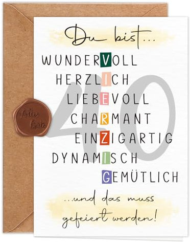 Giftota Geburtstagskarte 40 Jahre Frau Mann (A6 Klappkarte mit Umschlag & Wachssiegel), Schöne Geschenkkarte zum 40. Geburtstag mit besonderen Designs, 40. Grußkarten für Freunde, Geliebte und Eltern