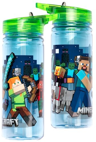 Minecraft Botella de agua con pajita de 580 ml, 100% a prueba de fugas, duradera, botella de agua escolar, plástico resistente y sin BPA, color azul oscuro