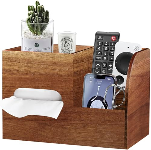 Acacia Wood Tissue Box Cover Square with Tray and TV Remote Control Holder | Multifunctional Facial Tissues Cube Box Organizer, Napkin Storage Box for Bathroom, Vanity, Nightstand, Office, Home Decor
