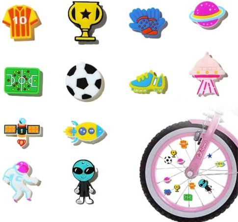 UZYXC Fahrrad Zubehör Kinder Speichenreflektoren - 12er Set Alien und Fußball Design Reflektierende Katzenaugen, Einfache Montage Deko für Jungen Mädchen, Sicherheit im Dunkeln