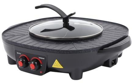 2 en 1 Barbacoa Eléctrica y Olla Caliente, Parrilla Multifuncional sin Humo para Interiores con Temperatura Ajustable, Para BBQ Coreano, Fondue, Shabu-Shabu, Cocina para Fiestas Familiares
