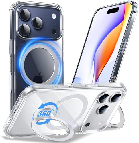 Anqrp 360° All-in-One-Ständerhülle für iPhone 17 Pro Hülle Transparent, (Magnetischer Robust Ständer) [Mag-Safe Kompatibel] [Nie Vergilbung] Handyhülle für iPhone 17 Pro Case, Clear