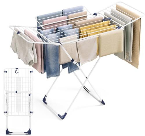 KINGRACK Wäschetrockner Metall, 18M Faltbarer Wäscheständer mit 4 Flügeln, Platzsparend Freistehender Lufttrockner, Innen & Außenverwendbar, 140 cm × 9,8 cm × 85,4 cm, Weiß