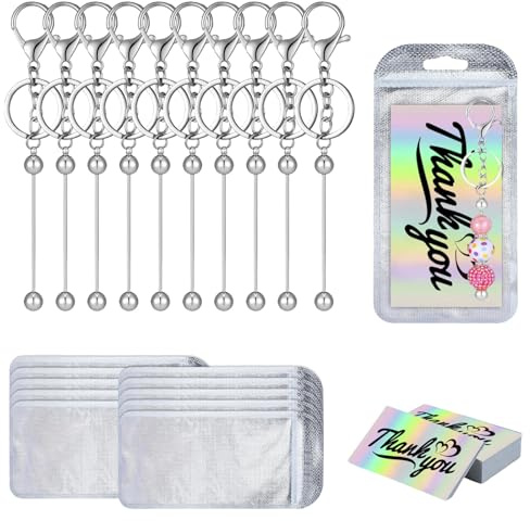 Rdunulioo 30-teiliges Schlüsselanhänger Selber Machen mit 10 Metall Rohlinge Schlüsselanhänger-Streifen, 10 Dankeskarten und 10 Geschenktüten für DIY, Schmuckherstellung, Basteln, Charms, Zubehör