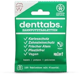 DENTTABS Zahnputztabletten 125 Stk | Mint mit Fluorid | 2-Monatsvorrat | vegan & plastikfrei | nachhaltige Alternative zur Zahnpasta