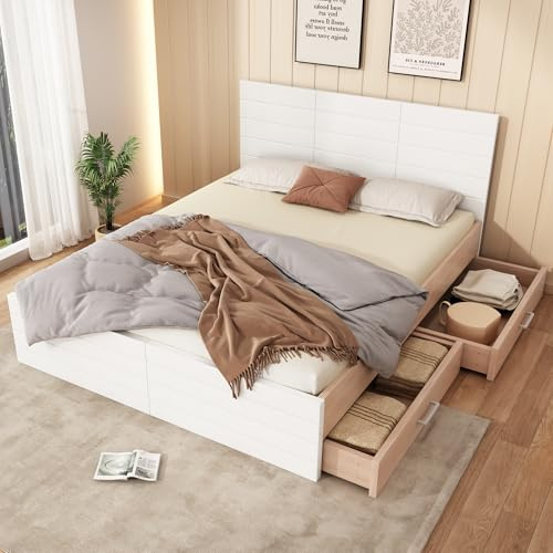 Mielvu Doppelbett Holzbett Bettanlage mit 2 Schubladen,Modernes Bett inkl. Bettgestell &Lattenrost Set in Eiche/Weiß(Ohne Matratze) (180×200cm)