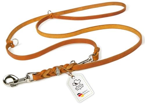 Hundeleine Leder 2,40m mittelgroße Hunde Fettlederleine [3-Fach Verstellbar] Lederleine geflochten – robuste Leine Hund mit Chrombeschlägen – Führleine Hund & Freihandleine – Dog Leash Cognac 15mm
