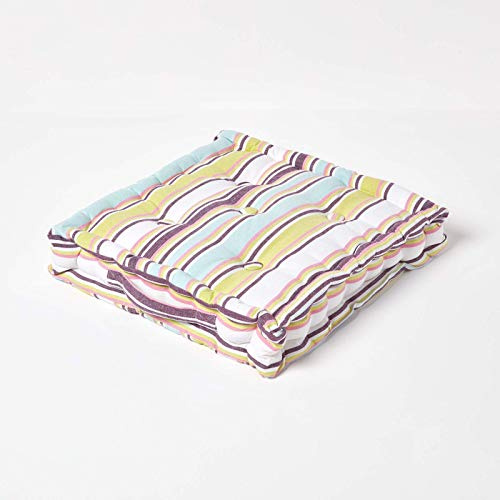 HOMESCAPES Osaka Multi Stripes Large Floor Cushion 100% Cotton 50 x 50 x 10 cm Square Indoor Garden Dining chair booster Seat Cushion Pad