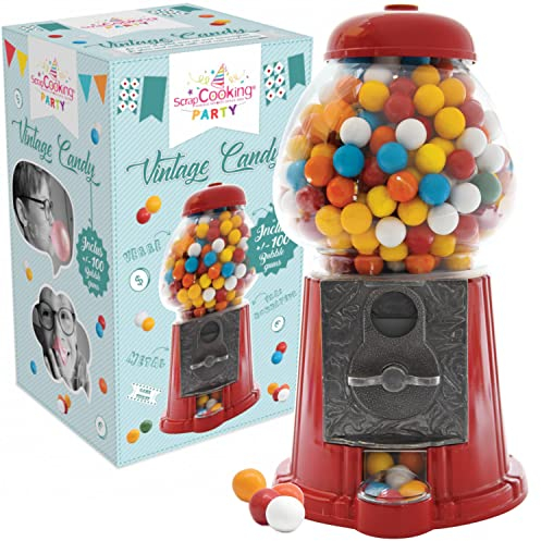 ScrapCooking - Distributeur de Bonbons/de Cacahuètes Vintage Candy - Machine à Chewing Gums Rétro - Bonbonnière Bubble Gums avec Vrai Monnayeur - Verre & Métal - Rouge, Pot