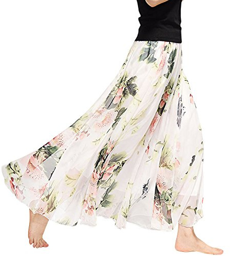 Lisli Damen Chiffon Rock Lang Bohemian Festlich Rock Sommer Hoch Taille A Linie Maxirock Blumenmuster Strandrock Bodenlang Swing Rock