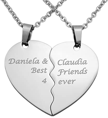 Hanessa 2 Stück Personalisierte Kette mit Gravur Edelstahl 60 cm mit Anhänger Herz Puzzle in silber - Personalisierte Geschenke für Damen Herren Freundin Freund - Partner Halskette für Sie und Ihn