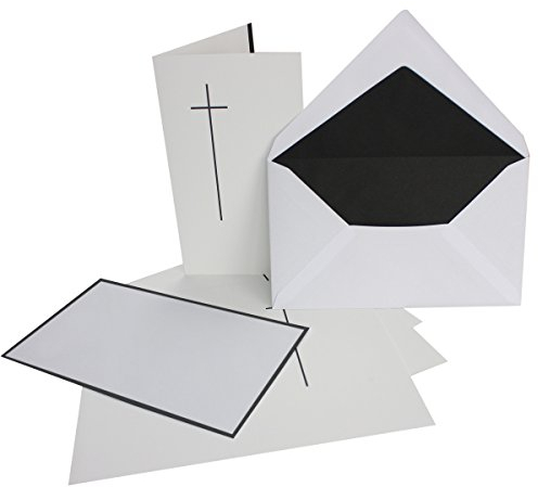 15x Trauerkarten-Set mit Kreuz ca. B6 11,4 x 19,5 cm & Trauer-Umschlägen mit handgeränderten schwarzem Rand & schwarzem Futter, Faltkarten Trauer-Anzeigen