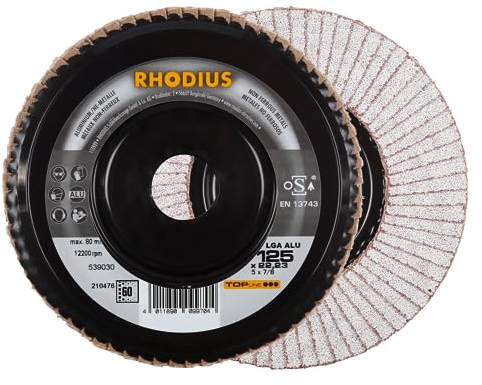 RHODIUS LGA ALU 10 Stück Profi Fächerschleifscheiben Ø 125 K60 für Aluminium, NE-Metalle, Holz, für Winkelschleifer, Schleifscheibe, Schleifmopteller, Flexscheibe