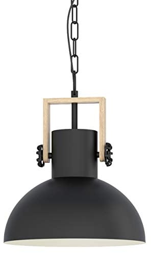 EGLO Pendellampe Lubenham, 1 flammige Vintage Pendelleuchte im Industrial Design, Retro Hängelampe aus Stahl und Holz, Farbe: Schwarz, braun, Fassung: E27