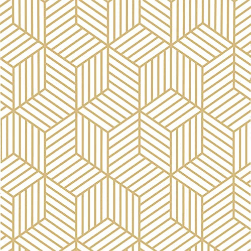 Livebor - Papier peint blanc et doré à décoller et à coller - Motif géométrique hexagonal - 45 x 200 cm - Moderne à rayures - Amovible