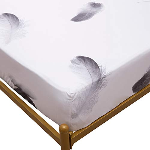 Treer Bedding Spannbetttuch mit Weiß Elegant Drucken Spannbettlaken, Weiche Atmungsaktivem Hochwertiges Mikrofaser Spannbetttuch,Tiefe Tasche, Verschiedenen Größen (90x200+25cm,Graue Feder)