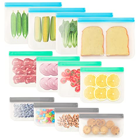 LeMuna Lot de 12 sacs alimentaires réutilisables en silicone (sacs congélation de 12 litres, 4 sacs à sandwich réutilisables, 4 sacs à collation réutilisables), sans BPA, PEVA anti-fuite