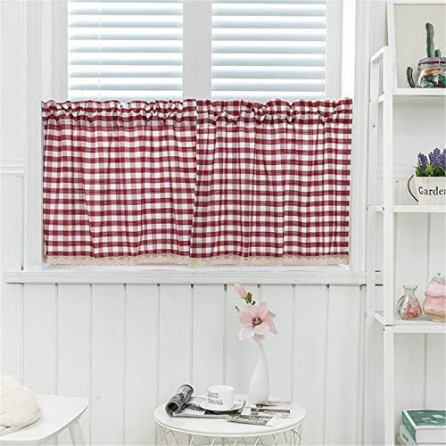 RAILONCH Karierte Scheibengardine, Rot/Marineblau kurzer Vorhang mit Spitze Umgeben, 2 Stück Küche Bistrogardinen Kabinett Vorhang Heim Dekoration (Rot,45 x 90cm)