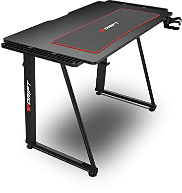Drift Gaming DRDZ75 - Mesa Gaming con Tablero con Acabado en Fibra de Carbono Cubierto por una Alfombrilla Full Size, Soporte para Tazas y Auriculares, Patas Regulables, Color Negro