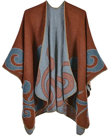 Machbaby Damen Herbst Winter Retro Poncho Schal Gestrickt Beidseitig Tragbar Klassische Wrap Cape Cardigans Schal Quasten Stola,Wolkenmuster Erdfarbe