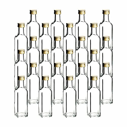 gouveo 24er Set Glasflasche 100 ml Maraska mit Schraubverschluss goldfarben - Kleine Flasche 0,1 l zum Befüllen - Leere Flasche eckig für Likör, Schnaps, Öl (MFET100G)