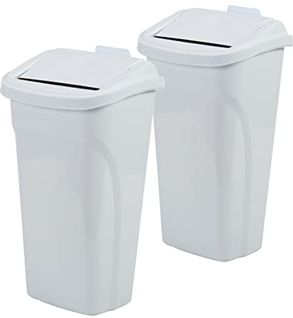 United Solutions 10 Gal/40 Qt All-in-One Wastebasket, 2-Pack, Slim Trash Can with Integrated Dustpan Swing Lid and Brush, Great for Kitchen, Office, and Bathroom, White