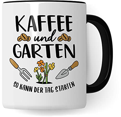 Garten Tasse, Kaffee & Garten - So kann der Tag starten, Geschenk Garten-Motiv Kaffeetasse Kaffee-Tasse Hobby-Gärtner Hobby-Gärtnerin, Pflanzen-Motiv Kaffee-Liebhaber Geschenkidee Kaffeebecher schwarz