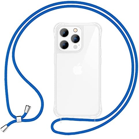 NALIA Handykette für iPhone 14 Pro Max - Hülle, Blau | Kordel ca. 1,60m für Crossbody, Ösen fest im Rahmen eingegossen, Massive Metallenden, Verstärkte Ecken, HANGIT PRO