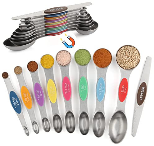 Measuring Spoons Set of 9 Magnetic Measuring Spoons Dual Sided Stainless Steel Measuring Spoons Stackable Nesting Tablespoon Teaspoon, Fits in Spice Jars, for Dry or Liquid Ingredients