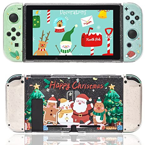 Switch Clear Glitzer Hülle, Switch TPU Hülle, Switch Schutzhülle mit Daumengriffen und Panzerglas Schutzfolie (Grüne Weihnachten)