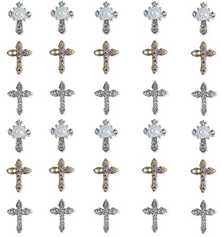 CHENNAN 30 Stück 3D Kreuz Form Nagel Kunst Charms aus Nagel Strass Nail Art Strasssteine 3D Nagelschmuck Mit Perle Für Nageldekorationen für Nägel DIY Strass Kristall Diamant Nail Art Dekoration (1#)