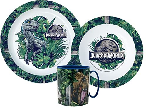 Jurassic Cartoon Character Dinner Tableware Set 3pcs Plate, Bowl & Mug, BPA Free re-usable Plastic Microwave Safe (Jurassic World)