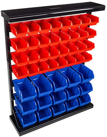 47-Bin Garage Organization Rack (15 Large, 32 Small) - Tabletop or Wall Mount Steel Rack with Removable Stackable Garage Storage Bins, Small Parts Organizer for Hardware or Office Supplies by Stalwart