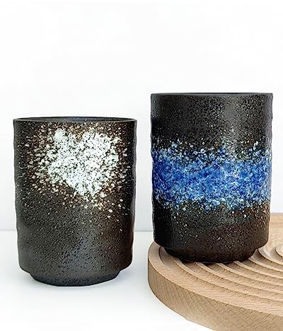 WEOPYCJ Japanese Tea Cup Set of 2, Ceramic Porcelain Tea Mugs No Handle, Asian Model Teacup for Matcha, Green Tea, Cappuccino, Sake (9oz Black)