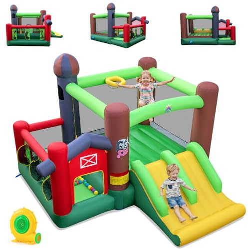 COSTWAY Château Gonflable avec Double Toboggans et Souffleur 680W | Maison de Saut & Piscine à Balles, Panier de Basket, Jeu de Cibles, Intérieur Extérieur, Aire de Jeux Gonflable pour 3-12 Ans