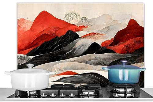 KitchenYeah© Fond de Hotte 80x55 cm Aluminium Crédence Cuisine Décoration Murale Crédence Plaque de Cuisson Anti Projection Art - Montagne - Rouge - Blanc - Noir