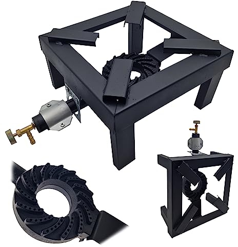 MAKA Fornellone a Gas da Esterno in Ghisa 4 Piedi per Pentole Pesanti Bruciatore in Metallo con Valvola Regolatore Gas Nero Accensione Rapida Facile Pulizia Passata Pomodori Marmellate (40x40 cm)