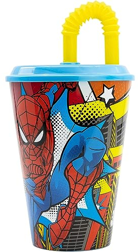 CARTOON Gobelet avec paille pour enfants Spiderman verre en plastique réutilisable semi-rigide BPA Free capacité 430 ml
