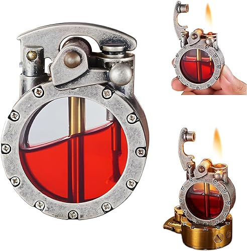 Vintage Grabenfeuerzeug, transparentes Kerosin-Feuerzeug, wiederverwendbar, Winddicht, Taschenfeuerzeug mit transparentem sichtbarem Kraftstofftank, antikes Steampunk-Feuerzeug (Silber)