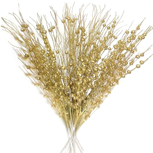 OrgMemory Artificial Glitter, 24pcs 3 Styles, Artificial Berry Stems, Glitter Berry Stems for Christmas Tree Vase DIY Wreath Crafts Gift Décor(Golden)