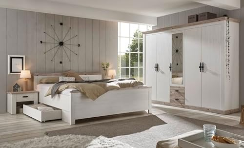Schlafzimmer komplett Set in weiß Pinie und Oslo Pinie Landhaus Komplettzimmer mit Doppelbett mit Bettschubkasten, Kleiderschrank und 2 x Nachttisch im Landhaus Stil Rovola (Set 1 + Bettschubkasten)