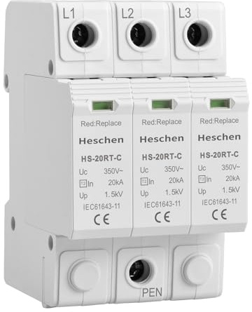 Heschen Dispositivo di protezione da sovratensione SPD, HS-20RT-C, 3P 350VAC 20KA, fusibile da sovracorrente sostituibile integrato, ignifugo, montaggio su guida DIN da 35 mm