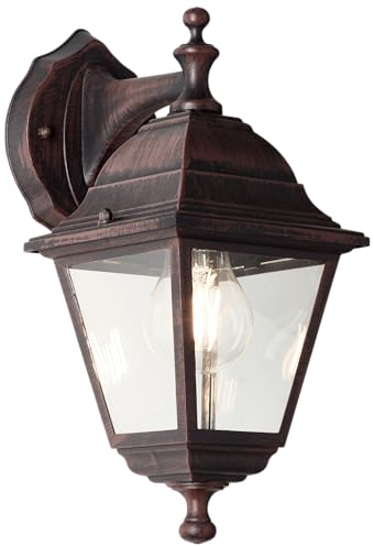 Lightbox Vintage Außen Wandlampe mit Glas Regenschutz - hängend - rostfarbene Outdoor Wandleuchte für den Hauseingang - 31 x 14 x 19 cm - E27, max. 60 W - aus Metall/Glas